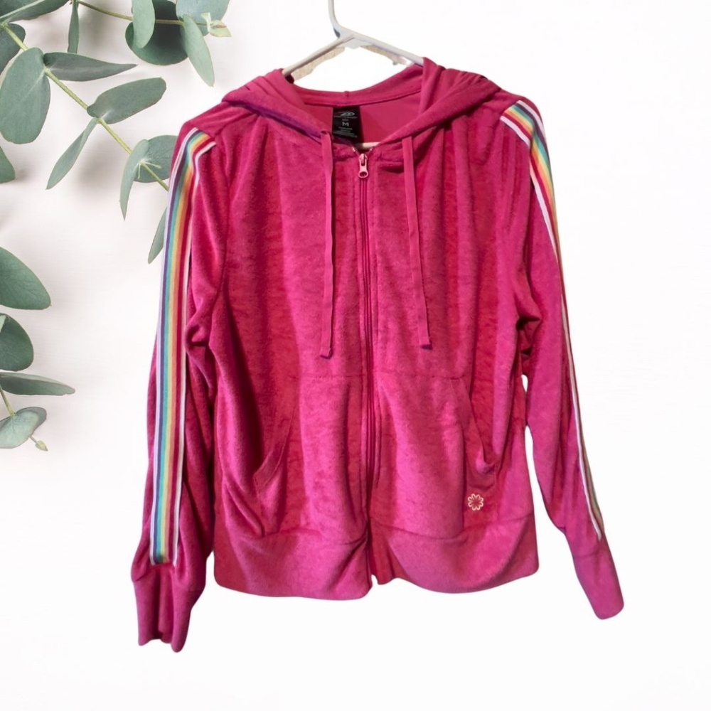 Vintage Style Bright Pink Zip-Up Hoodie with Rainbow Stripes